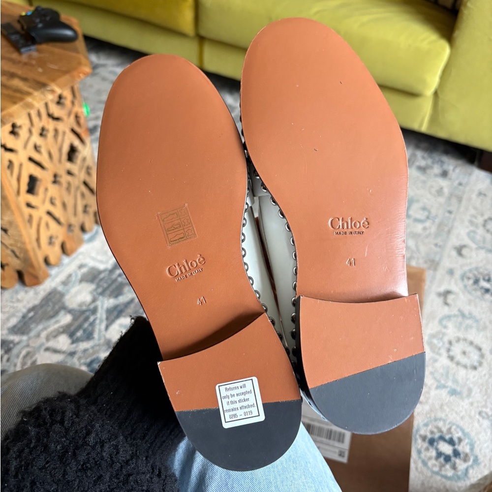 Chloe White Loafers with Silver Buckle and Studded Trim - Picture 8 of 9